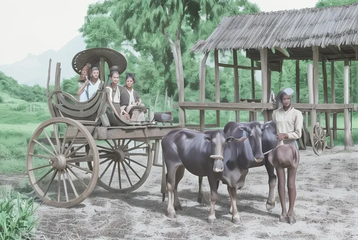 dark brown cows and lush background. wooden cart. earth ground. Sunburned skin