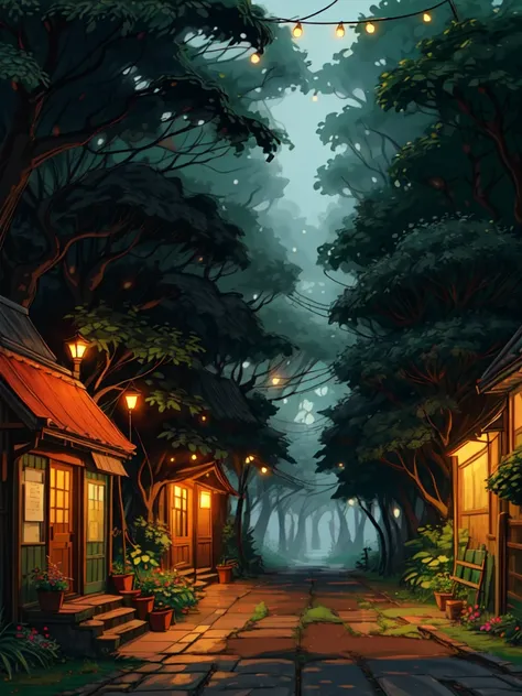 super wide perspective, string lights, hanging pots, ghibli anime scene, coffee shop in the woods, moody weather, leaves falling from tree, light bubble around street light, under a big banyan tree, street light, poles and wires, tropical leafy plant pots,...