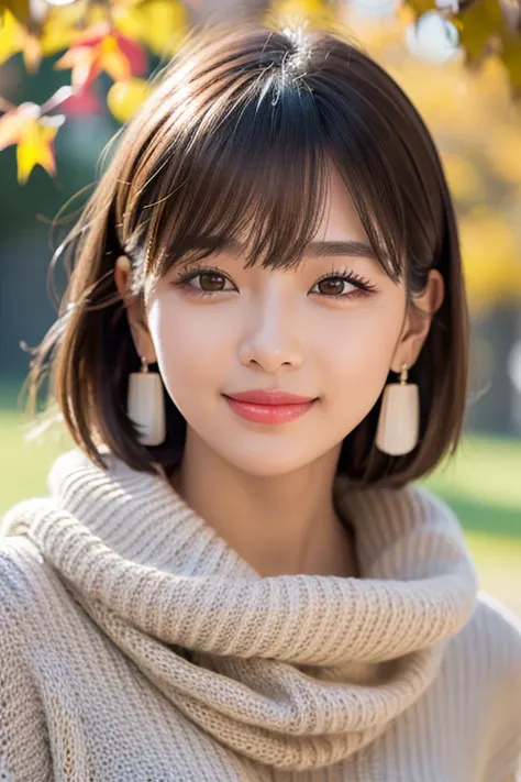 (raw photos), overall image、thick white sweater、red scarf on neck、long earrings、long eyelashes、round eyes、cheek on ear、correct、m...