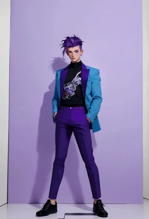 ((Artwork, high quality)), (20-year-old man), (purple hair), (blue eyes), (wearing stylish pop clothing), (full-body perspective).



