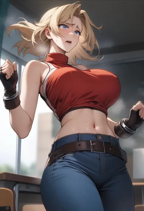 masterpiece, best quality, very aesthetic, absurdres, 1girl, mature_lady,Hands handcuffed, tears_in_eyes, ,blue_mary(fatal_fury), snk, the_king_of_fighters, 1girl, bare_shoulders, blonde_hair, blue_eyes,  short_hair, bob_cut, sweat,crop_top, fingerless_glo...