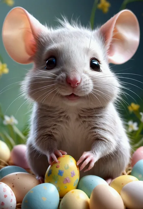 Beautiful  with dreamy eyes, little rat, Volumetric Light, Ultra-realistic, Intricate details, shape, Painting, watercolor, Cute Chibi, Eating Easter eggs, ah!, Shallow depth of field, Pastel Color Palette, Soft lighting, minimum, Modern, Digital Painting,...