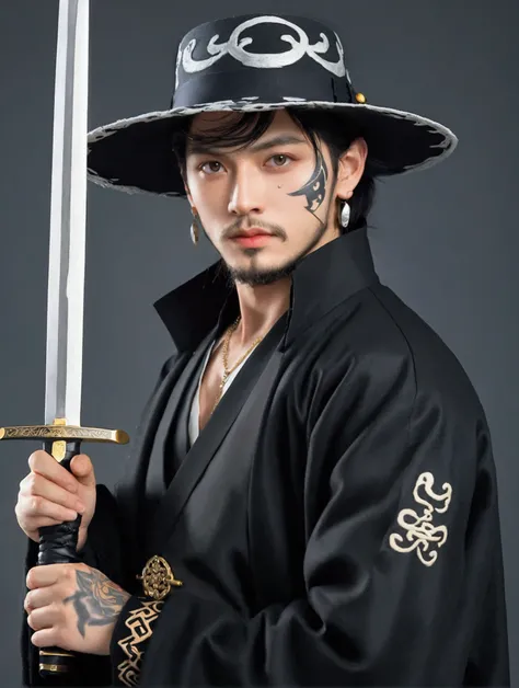 solo, looking at viewer, short hair, black hair, long sleeves, 1boy, hat, jewelry, closed mouth, jacket, upper body, weapon, male focus, earrings, sword, coat, grey eyes, tattoo, facial hair, katana, sheath, beard, black coat, sheathed, sideburns, goatee, ...