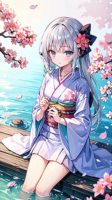 Silver Hair、kimono、Cherry blossom background、water surface、Young Girl、Long Hair