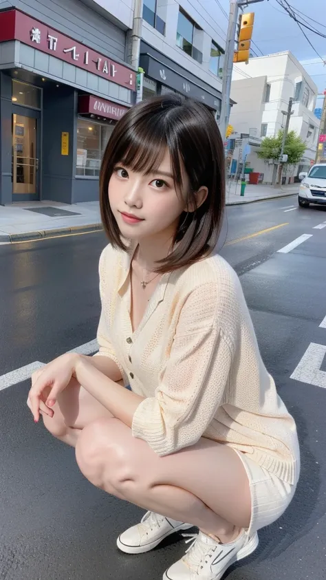 Photo taken by a professional photographer，Close-up of a woman squatting on the sidewalk with her legs crossed, kiko mizuhara, wearing a sweater, Shirahime cut brown hair, wearing a sweater, young and cute girl, japanese model, 白いwearing a sweater, Chiho, ...