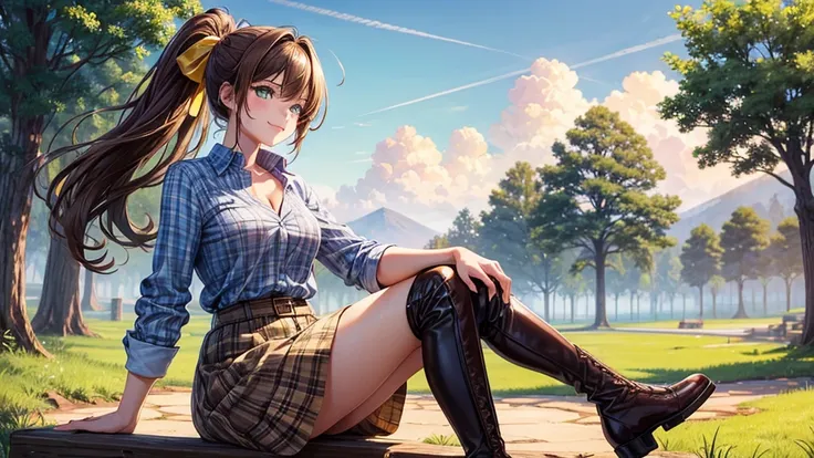 1girl, solo, full body, village, trees, sun, clouds, ((brown hair)), ponytail, large breasts, ((light brown sweeter)), button down shirt, ((blue checked shirt)), ((unbuttoned shirt)), unbuttoning buttons, cleavage 1:3 green eyes, long skirt, brown boots, s...