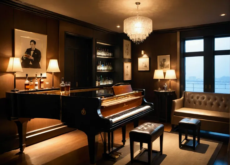 Exclusive bar、A small table next to the piano、Glasses and a bottle of whiskey on the table、Water Splitting、Dimly lit room