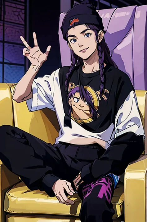 1guy, male, small, sitting on a couch, purple sweatpants, baggy sweatpants, black t-shirt with purple graphics, oversized shirt, bandage on nose, black dreads, black beanie, happy, hand up, smiling