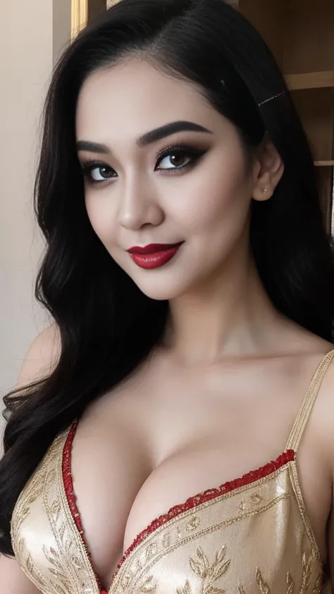 instagram photo, closeup face photo of 23 y.o Chloe in kebaya, Red Lipstick, sensual Lipstick, Sensational Make Up, cleavage, pale skin, (smile:0.4), hard shadows, black G-STRING, bright lighting 