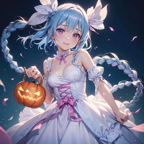 (Light blue medium hair),(Braided hair tied together)、Pink eyes、Fair skin、cowboy shot、Halloween、The background is a pumpkin ghost、Trick or Treat、A lot of sweets、Lollipop、Cosplay、A surprising smile、A dignified figure、solo、(masterpiece、Highest quality、Very d...