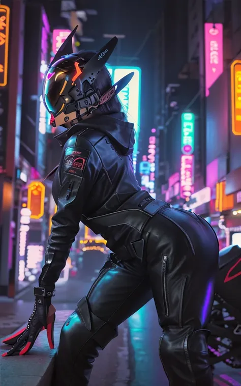 16k image, gorgeous [MAN| Batman], black tight  leather bikeroutfit on body, bikersuit, biker gloves, muscular body, futuristic (all closed cyber helmet) with jackal ears, faceoff, cyberpunk, lustful, seductive, leaning down, bending down, sexy pose, side ...