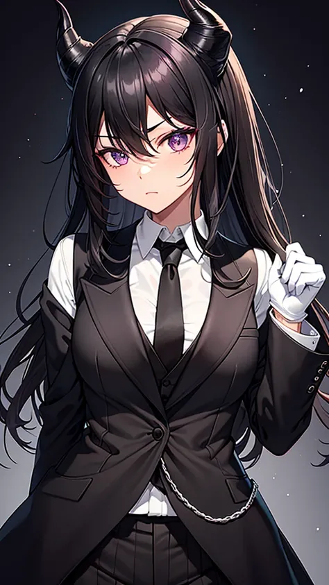 Get a wavy black hair,black horns on the head,gray and black clothes,black tie and white gloves,purples eyes,medium light brown skin...based on this information, create a character with the model of that character in the image