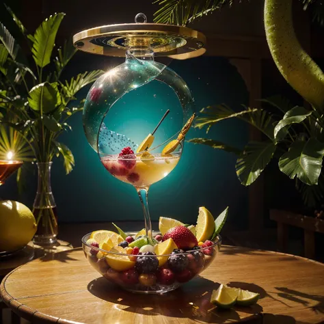 
The painting depicts a surreal, larger-than-life scene where the traditional cocktail glass has been transformed into a magical, floating oasis suspended in the air.

At the center of the composition is the “cocktail glass,” but instead of being a solid c...