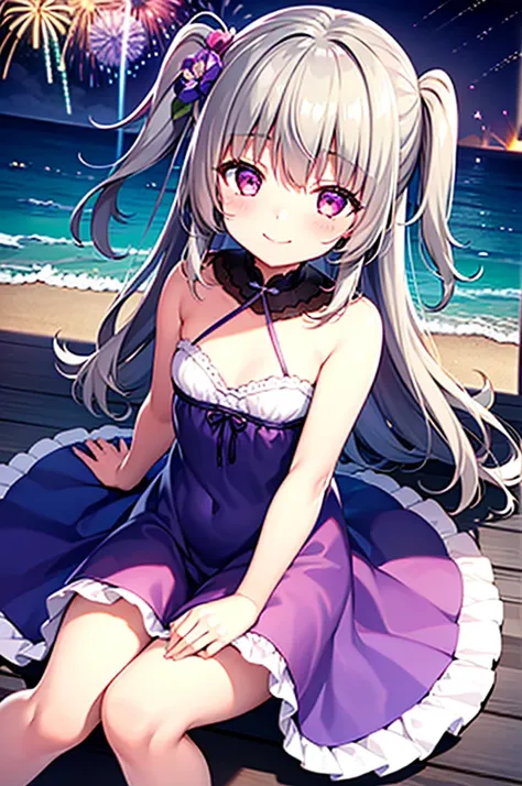 Himari Meimei, masterpiece, Voluptuous thighs, petit body, little young girl, flat chest, {1 Girl}, Cute and erotic smile, Highly detailed sparkling purple eyes, summer night, fireworks,  困り眉, open legs, legs up, brilliant silver grey hair, lying on beach ...