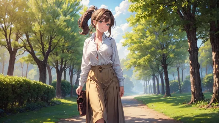 1girl, solo, full body, village, trees, sun, clouds, ((brown hair)), ponytail, large breasts, ((light brown jumper)), button down shirt, ((white shirt)), ((unbuttoned shirt)), green eyes, long skirt, brown boots, smile, happy, looking at the viewer, standi...