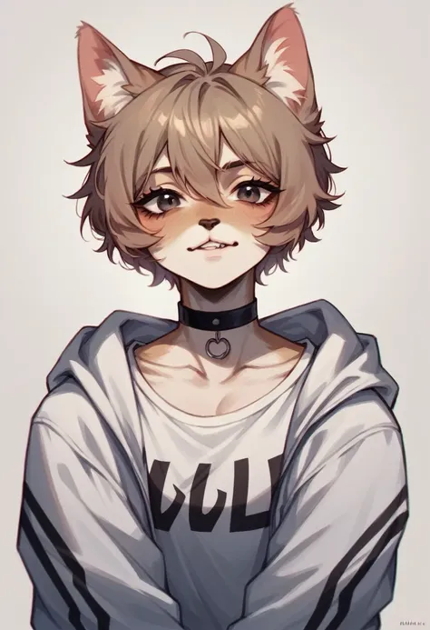 Fluffy cat in Nike clothes with a languid look, прической wolf cut, choker