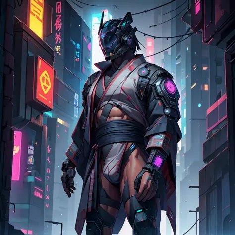 male, (muscular, full nude, only Glowing cyberpunk future helmet, only kimono, only jock strap,) realistic, human skinned, roof of  skyscraper, night,  realistic,