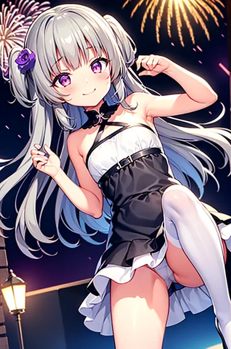 Himari Meimei, masterpiece, Voluptuous thighs, petit body, little young girl, flat chest, {1 Girl}, Cute and erotic smile, Highly detailed sparkling purple eyes, summer night, fireworks,  困り眉, open legs, legs up, brilliant silver grey hair, lying on beach ...