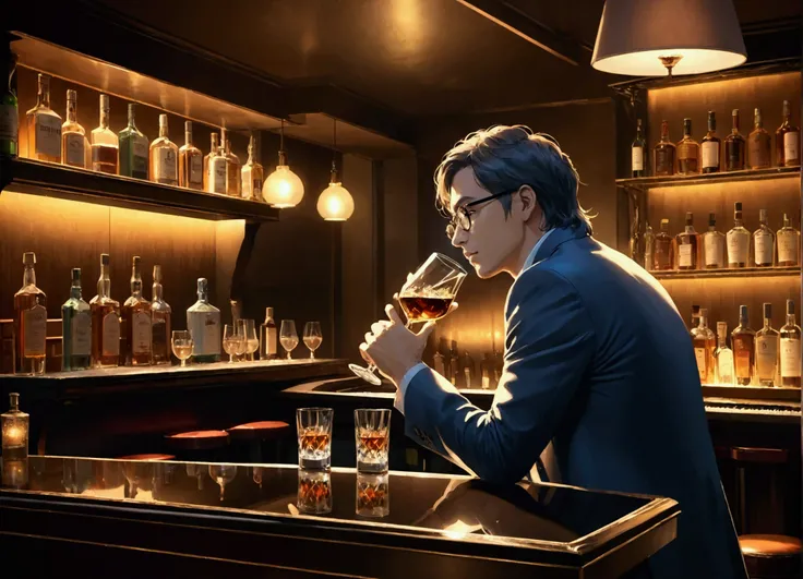 Exclusive bar、Bar counter next to the piano、Glasses and whiskey bottles on the bar counter、Water Splitting、Dimly lit room、A man is drinking with his back turned to the camera