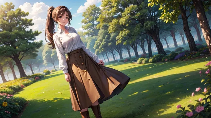 1girl, solo, full body, village, trees, sun, clouds, ((brown hair)), ponytail, large breasts, ((light brown pullover)), button down shirt, white shirt, unbuttoned shirt, green eyes, long skirt, brown boots, smile, happy, looking at the viewer, standing, ha...