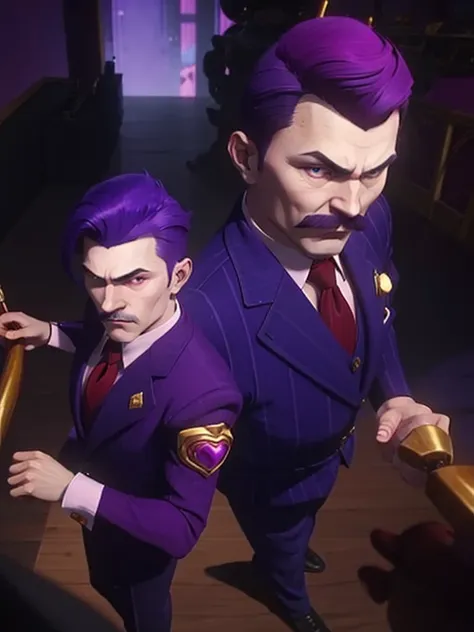 haltmann, purple hair, purple mustache, arms, wearing a dark blue suit with pink vertical lining, pink shirt, red tie, black sho...