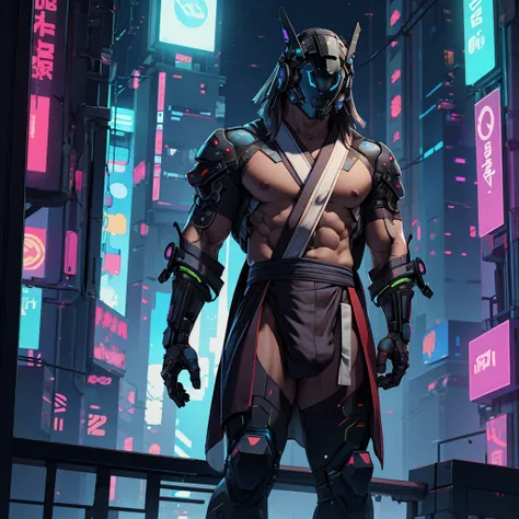 male, (muscular, full nude, only Glowing cyberpunk future helmet, only kimono, only jock strap,) realistic, human skinned, roof of  skyscraper, night,  realistic,