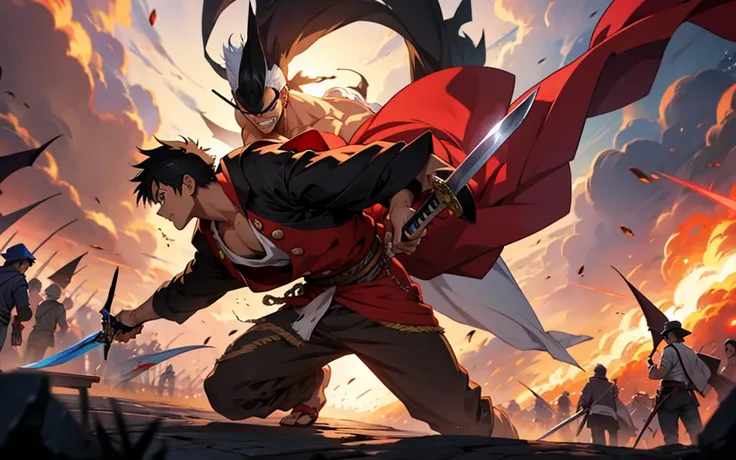 anime character with sword in a large crowd, epic anime art, Epic anime, advanced anime digital art, luffy, with red and black clothes 