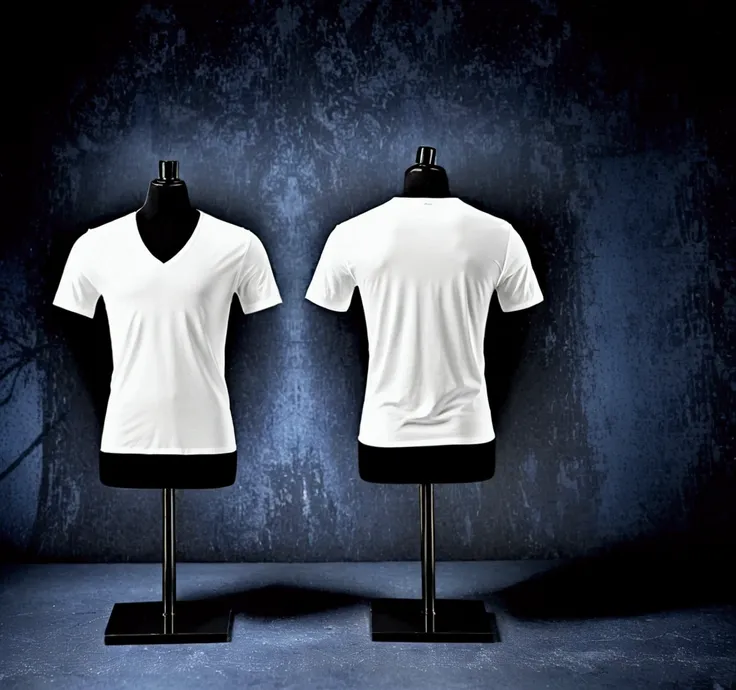 The image shows a mannequin dressed in a white shirt placed in front and back a black V-neck background