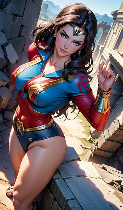 The actress Lynda Carter as the character Wonder Woman, extremely beautiful blue eyes, beautiful hair, incredible beautiful anatomy, perfect fingers, smooth curves, perfect anatomy, underneath angle view, perfect smile, temple ruins in the background 