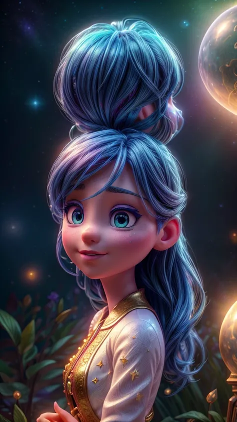 realistic image, in an enchanted spiritual dimension, disney style, pulsating glow, beings of light in the starry sky, blue and golden light, magical stars, beautiful detailed eyes, beautiful detailed lips, extremely detailed eyes and face, long eyelashes,...