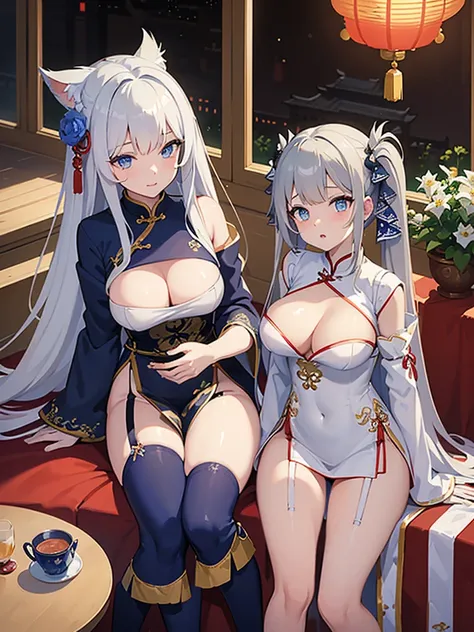 masterpiece, Highest quality, One girl, Famous (Maiden lily brilliance) (Azur Lane), Gray Hair, Very long hair, blue eyes, hair ornaments, chest, chestの谷間, China dress, Chinese clothing, Official Alternative Costumes, White knee socks, Garter Straps, Short...