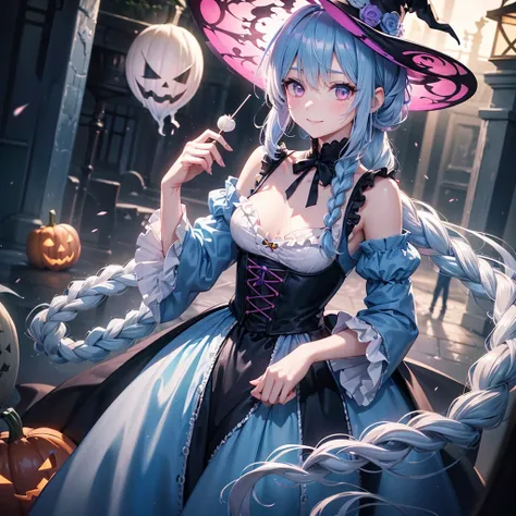 (Light blue medium hair),(Braided hair tied together)、Pink eyes、Fair skin、cowboy shot、Halloween、The background is a pumpkin ghost、Trick or Treat、A lot of sweets、Black cat、witch、Candy、Cosplay、A surprising smile、A dignified figure、solo、(masterpiece、Highest q...