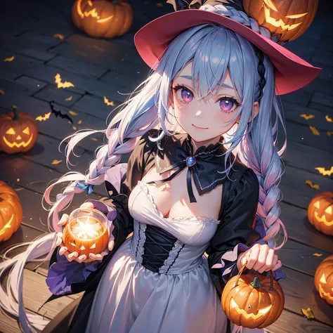 (Light blue medium hair),(Braided hair tied together)、Pink eyes、Fair skin、cowboy shot、Halloween、The background is a pumpkin ghost、Trick or Treat、A lot of sweets、Black cat、witch、Candy、Cosplay、A surprising smile、A dignified figure、solo、(masterpiece、Highest q...