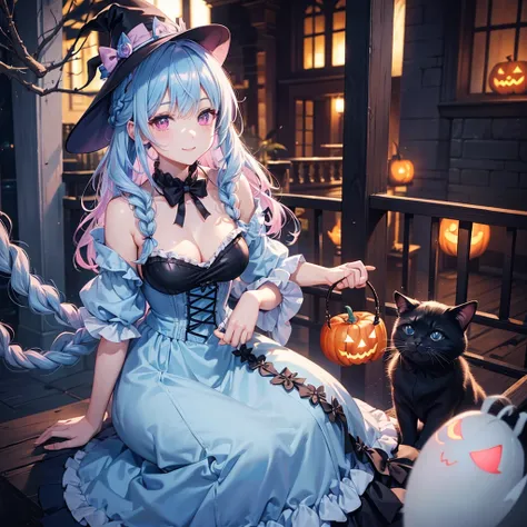 (Light blue medium hair),(Braided hair tied together)、Pink eyes、Fair skin、cowboy shot、Halloween、The background is a pumpkin ghost、Trick or Treat、A lot of sweets、Black cat、witch、Candy、Cosplay、A surprising smile、A dignified figure、solo、(masterpiece、Highest q...