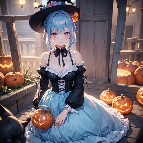 (Light blue medium hair),(Braided hair tied together)、Pink eyes、Fair skin、cowboy shot、Halloween、The background is a pumpkin ghost、Trick or Treat、A lot of sweets、Black cat、witch、Candy、Cosplay、A surprising smile、A dignified figure、solo、(masterpiece、Highest q...