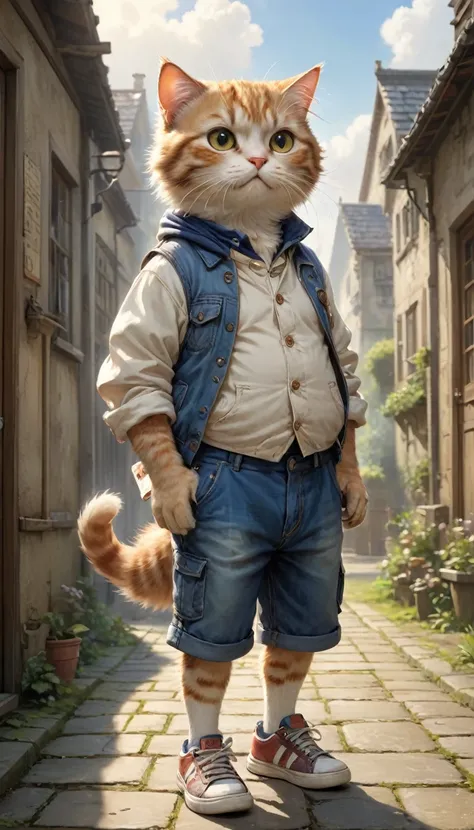  small, かわいいto be bornき物, Wearing trainers and shorts、sneakers、 whole body,small , Are standing, Costume, School grounds、 Fantasy art, Exquisite detail, Jean-Baptiste Monge Style, office、Alan Lee Style, Anthropomorphic, Fat, Big-eyed American Curl cat, Mov...