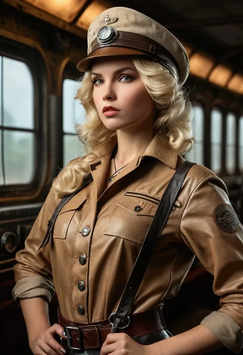 Blonde woman, dressed as dieselpunk, Model shooting style, (Highly detailed CG 8k wallpaper units), The most beautiful art photos in the world, A magnificent professional (photo shoot：Steve McCurry), 8K Ultra HD, Digital SLR, Soft lighting, high quality, F...