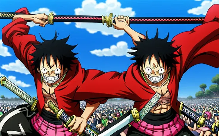 anime character with sword in a large crowd, epic anime art, one piece, Epic anime, advanced anime digital art, luffy, with red and black clothes