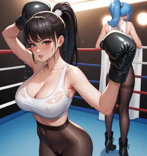 korean beautifull girl，18 years old,Pretty Face，Good shape，detailed picture, Seductive expression， blush，White ponytail, Wear white sports bras，Soaked，Wear black pantyhose，high-heel boots, Wearing black boxing gloves，Wearing a boxing helmet，Black sleeves o...