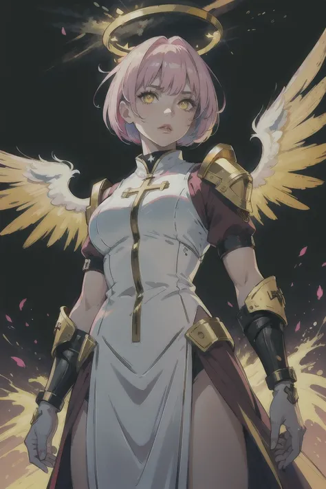 1girl, from below, looking at viewer, halo, mature, white priest outfit, pink hair, shoulder armor, muscular, glowing yellow eyes, lips, angel wings, glowing wings, straight bob, solo, make up, gold embroidery