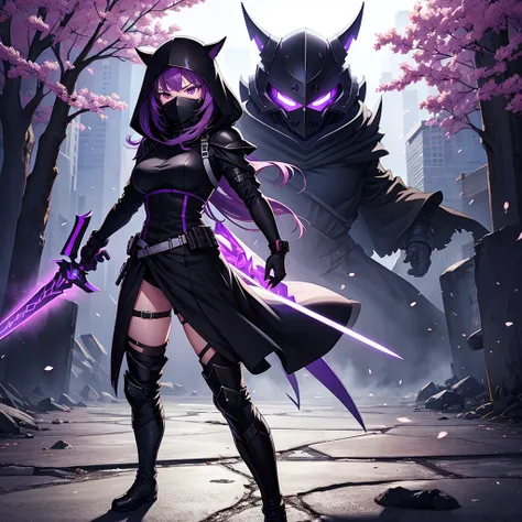 Digital Anime Art, HD, Female, face covered by shadows, muscular, black helm, black heavy combat uniform, combat boots, holding an purple energy sword, standing in  a sci fi nightclub