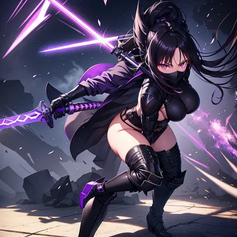 Digital Anime Art, HD, Female, face covered by shadows, muscular, black helm, black heavy combat uniform, combat boots, holding an purple energy sword, standing in  a sci fi nightclub