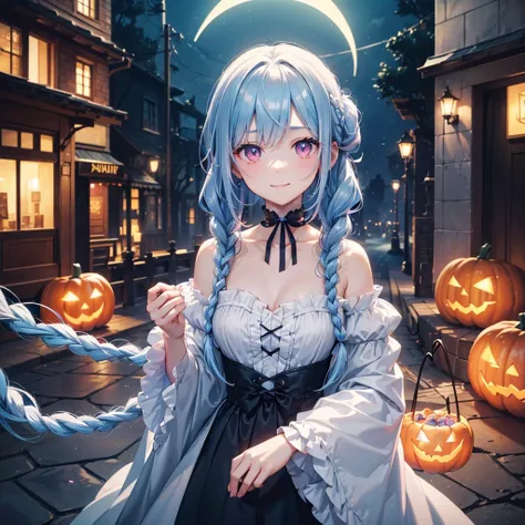 (Light blue medium hair),(Braided hair tied together)、Pink eyes、Fair skin、cowboy shot、Halloween、The background is a pumpkin ghost、Trick or Treat、A lot of sweets、Black cat、Wizard、Candy、Cosplay、A surprising smile、A dignified figure、solo、(masterpiece、Highest ...