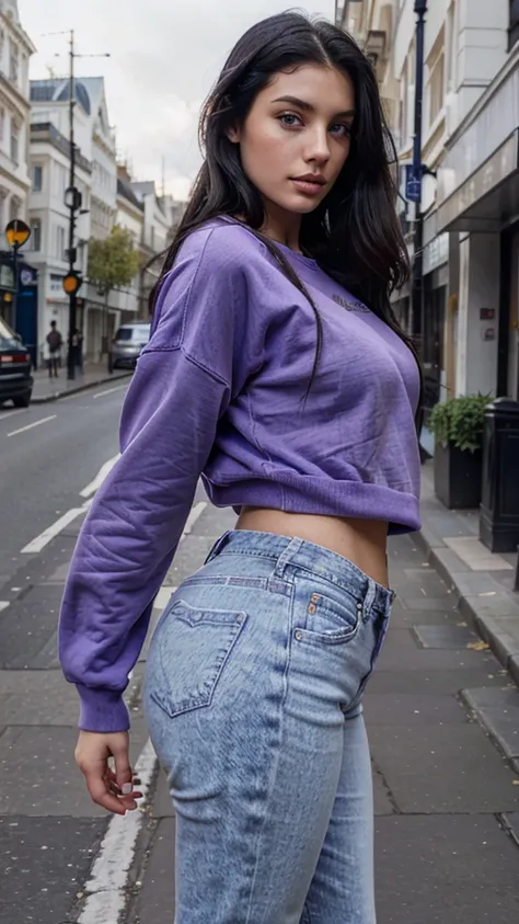 Beautiful woman, 23 years old, Model, Big , big ass, White, Straight black hair, Full lips, Blue eyes, Realistic, 4k. Wearing a purple sweatshirt and jeans while walking on the streets of London.