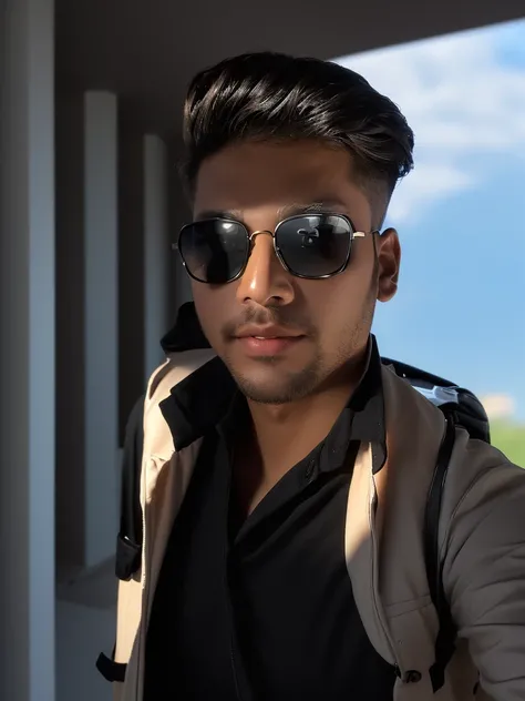 there is a man with a backpack and sunglasses taking a selfie, with accurate face, with sunglass, wearing black sunglasses, with lovely look, portait photo profile picture,  profile picture, very very low quality picture, with sunglasses, without helmet, a...