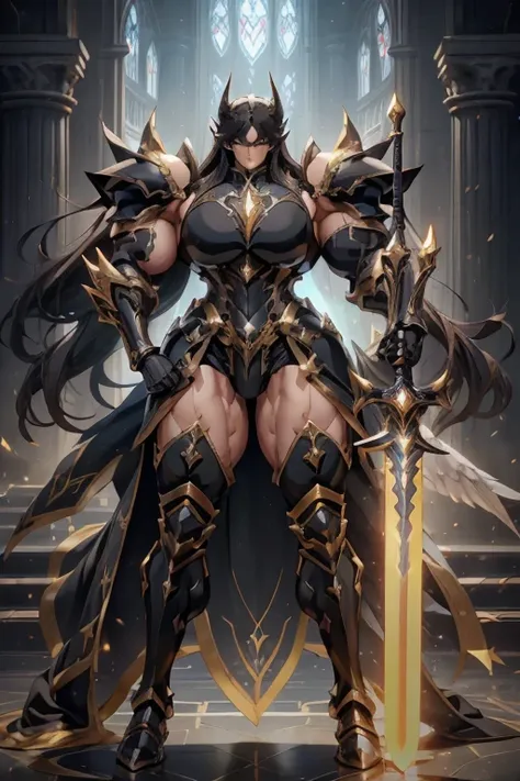 (((massive beautiful, buff, light brown skinned muscular female saint knight with black hair, black lipstick, ginormous bulky mu...