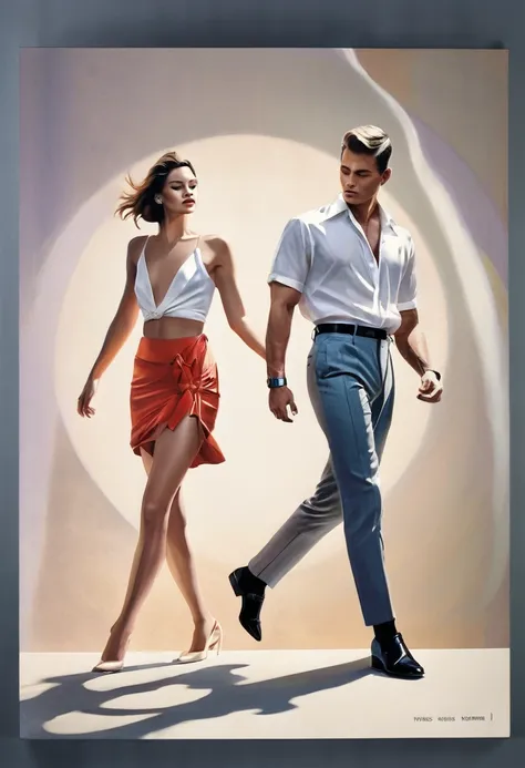 stunning 80  vogue  magazine cover,fashion ad cover,  gay couple of men high fives ,((front and back product overlook;1.4)),((ying and yang shirt:1.2)),((bare legs)),,micro thongs,mid body shot,toned muscles,professional photography,best photographic quali...