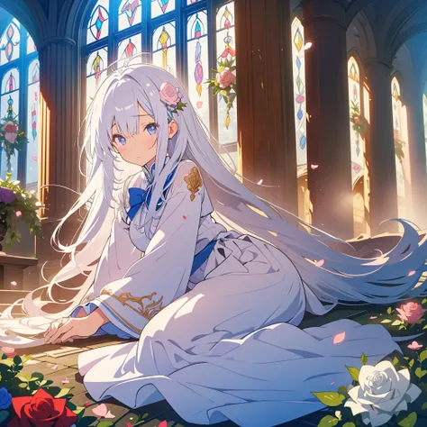 kawaii, anime, Cute, hyper quality, highly detailed, 16k, Front facing, Clarity, full body, one twenty year old woman, butler uniform, Shining long silver hair, lapis lazuli eyes, White Rose, white rose, plant, Thorns, rose vine, buried in roses, lie down,...