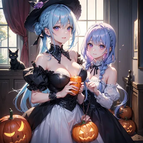 (Light blue medium hair),(Braided hair tied together)、Pink eyes、Fair skin、cowboy shot、Halloween、The background is a pumpkin ghost、Trick or Treat、A lot of sweets、Black cat、Wizard、Candy、Cosplay、A surprising smile、A dignified figure、solo、(masterpiece、Highest ...