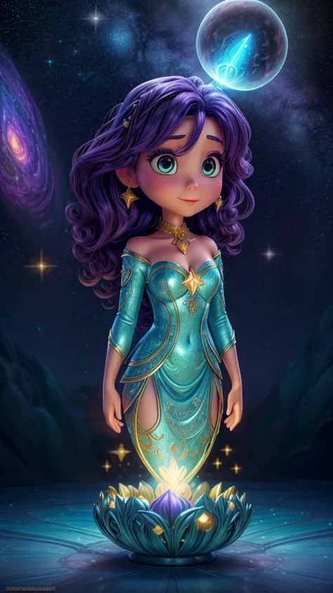 a beautiful woman in an enchanted spiritual dimension, disney style, pulsating glow, beings of light in the starry sky, blue and golden light, magical stars, realistic, photorealistic, 8k, highres, masterpiece, ultra-detailed, sharp focus, vivid colors, ci...